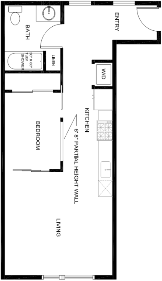 Floor plan for 1 bed, 1 bath, 562 sqft